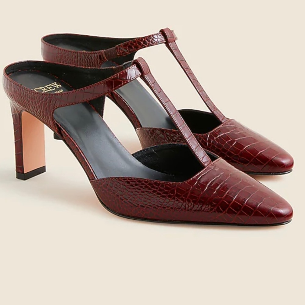 J crew Jules T-strap pumps in croc-embossed leather. Made in Italy.